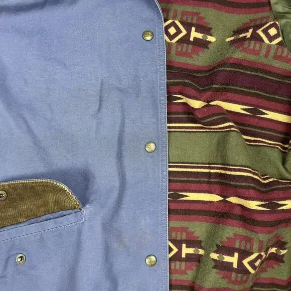 LL Bean Chore Duster Coat Womens Large Blue Canvas Barn Jacket Aztec Lined - Picture 13 of 14